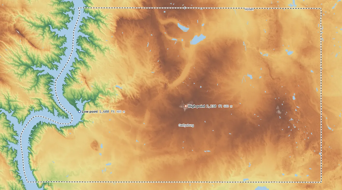 Topographic elevation map of Potter County, South Dakota, shaded from 1,600 ft on the west side to 2,230 ft near the middle