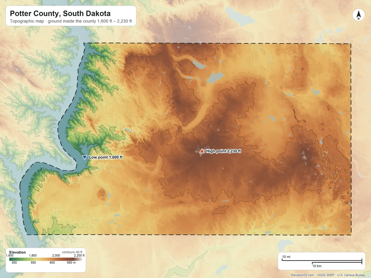 Topographic elevation map of Potter County, South Dakota, shaded from 1,600 ft on the west side to 2,230 ft near the middle