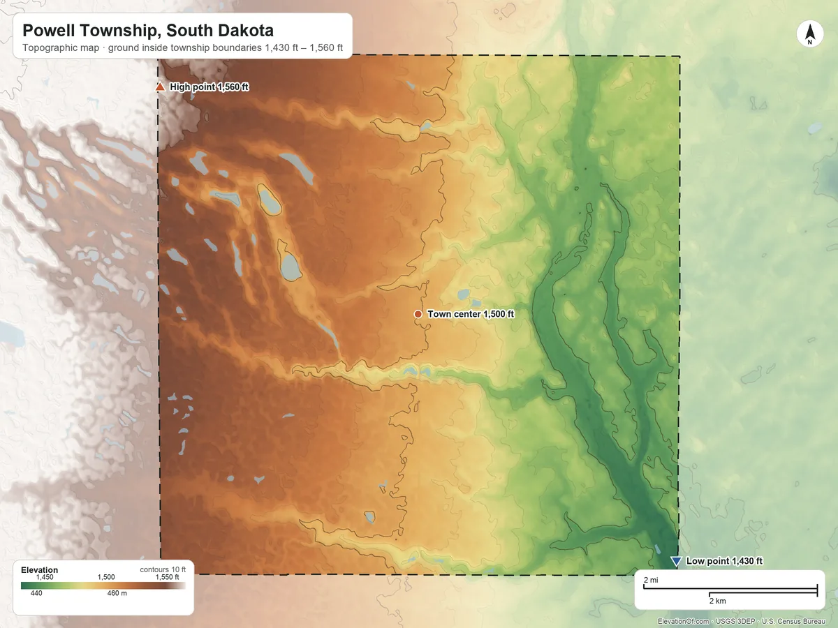 Topographic elevation map of Powell Township, South Dakota, shaded from 1,430 ft on the southeast side to 1,560 ft on the northwest side