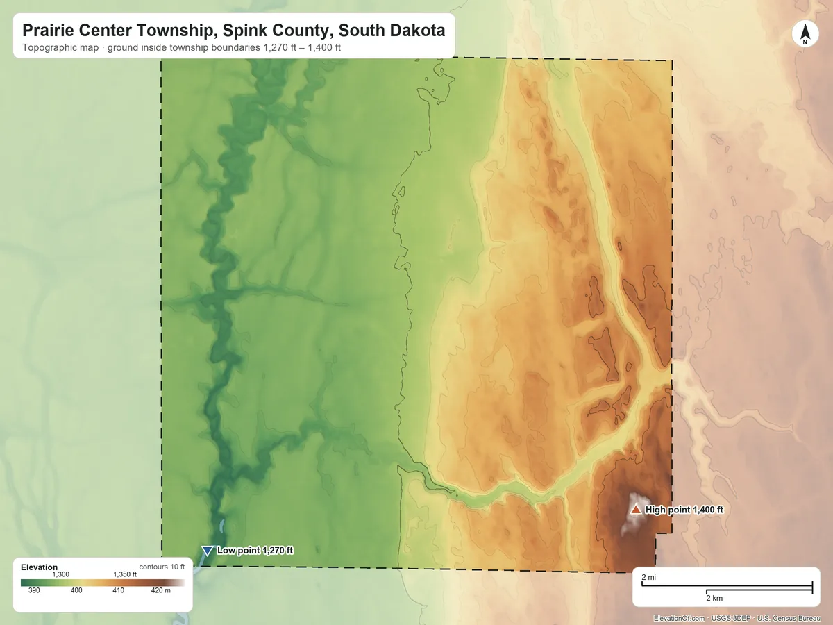 Topographic elevation map of Prairie Center Township, Spink County, South Dakota, shaded from 1,270 ft on the south side to 1,400 ft on the east side