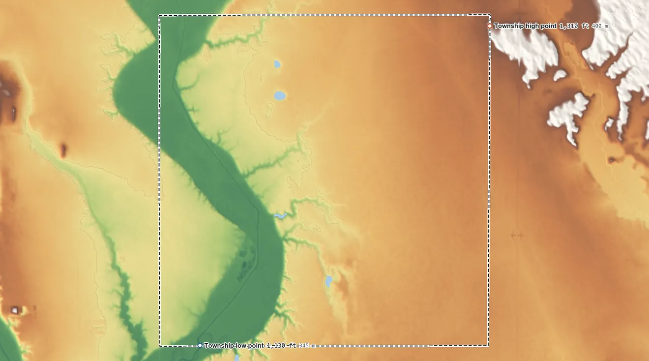 Topographic elevation map of Prairie Center Township, South Dakota, shaded from 1,130 ft on the southwest side to 1,310 ft on the northeast side