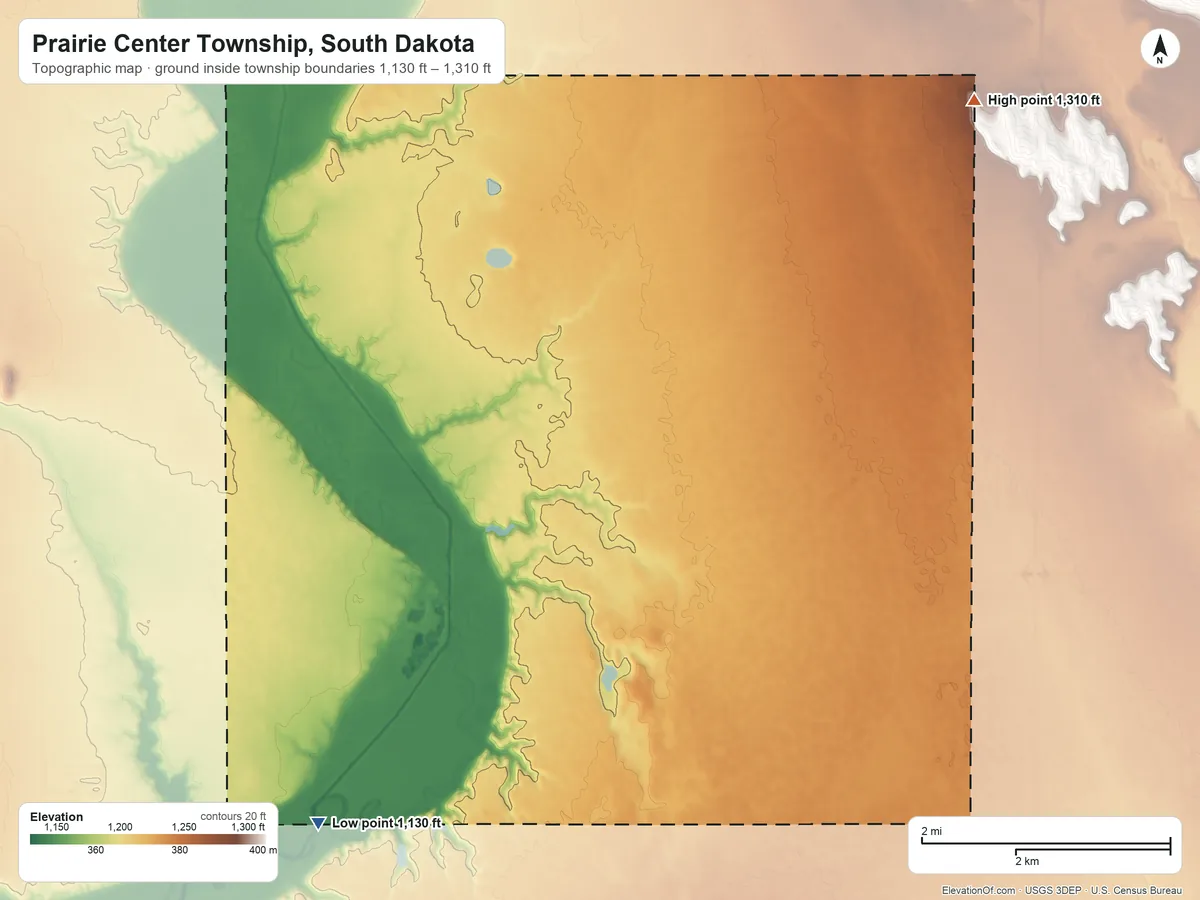 Topographic elevation map of Prairie Center Township, South Dakota, shaded from 1,130 ft on the southwest side to 1,310 ft on the northeast side