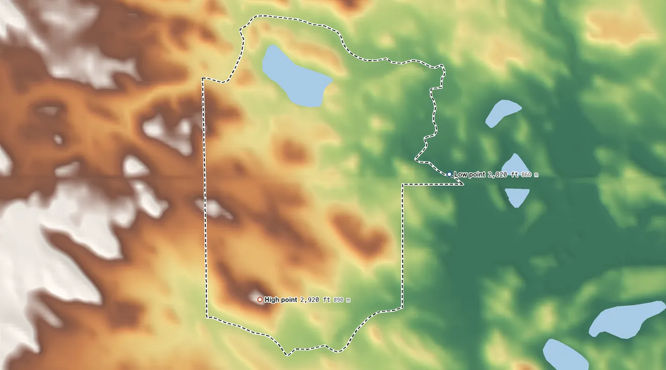 Topographic elevation map of Prairie City, South Dakota, shaded from 2,820 ft on the northeast side to 2,920 ft on the southwest side