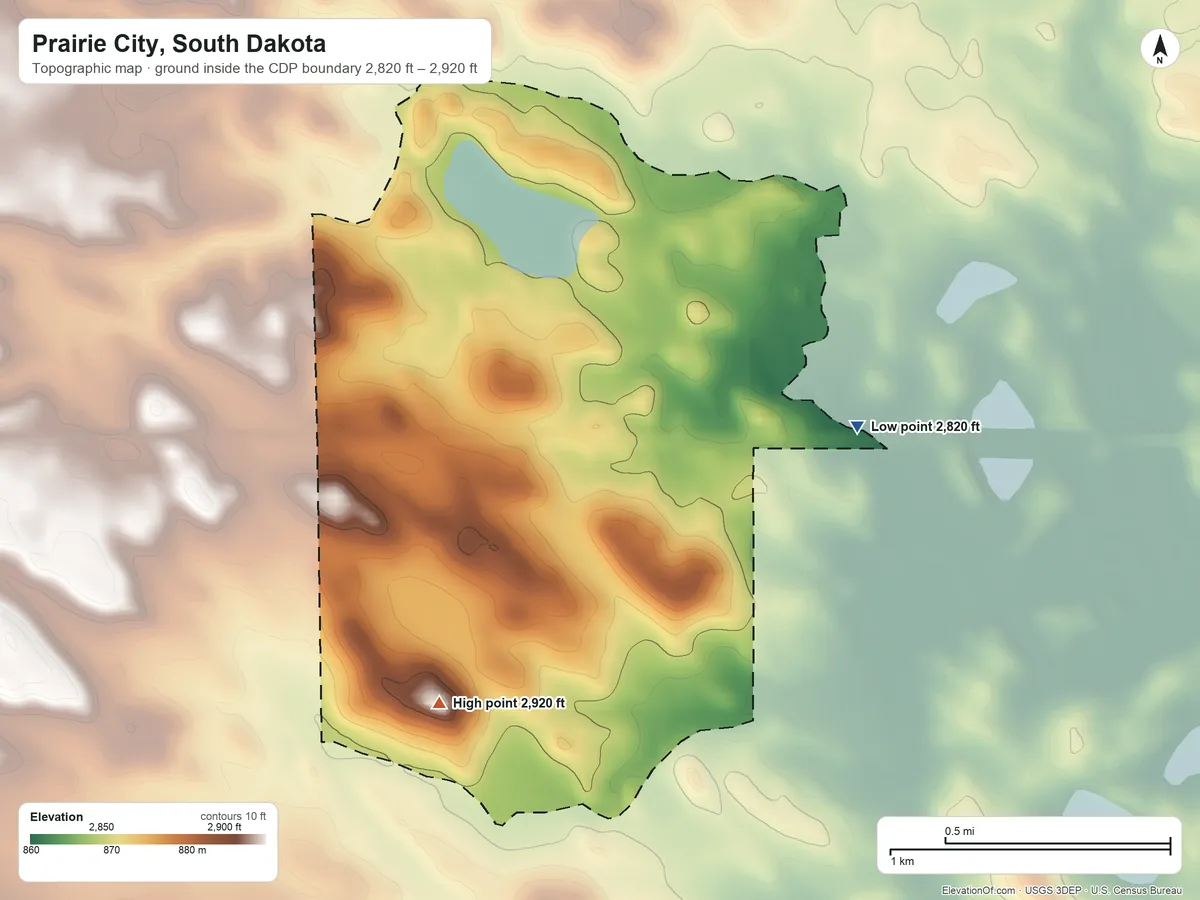 Topographic elevation map of Prairie City, South Dakota, shaded from 2,820 ft on the northeast side to 2,920 ft on the southwest side
