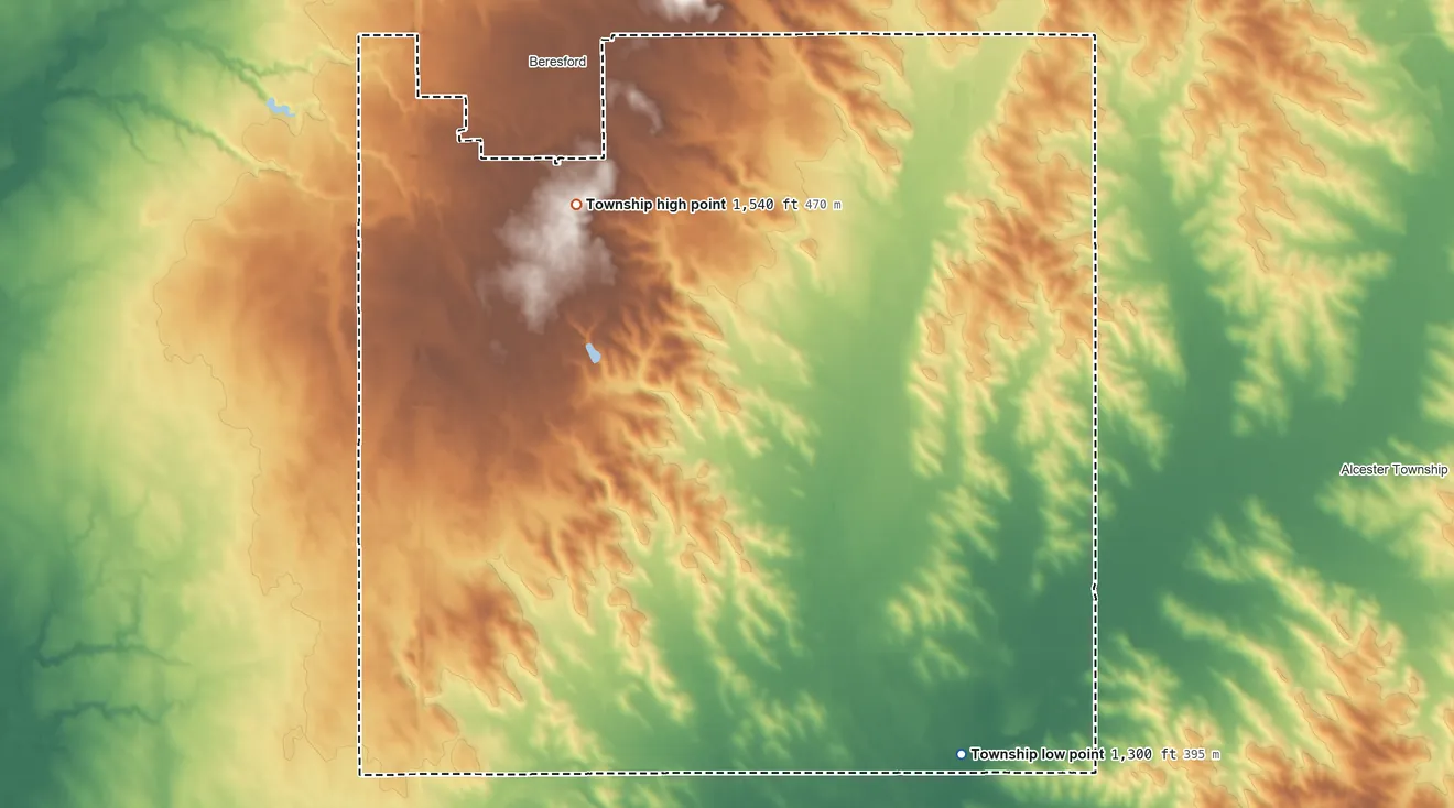 Topographic elevation map of Prairie Township, South Dakota, shaded from 1,300 ft on the southeast side to 1,540 ft on the northwest side
