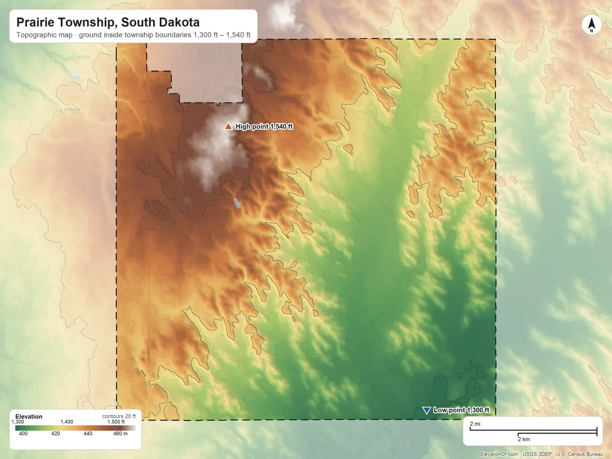 Topographic elevation map of Prairie Township, South Dakota, shaded from 1,300 ft on the southeast side to 1,540 ft on the northwest side