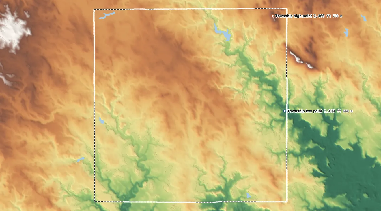Topographic elevation map of Prairie View Township, South Dakota, shaded from 2,100 ft on the east side to 2,400 ft on the north side