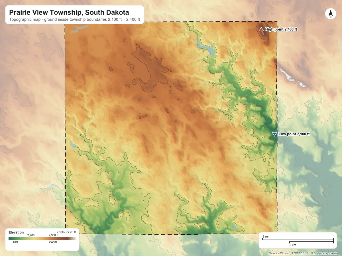 Topographic elevation map of Prairie View Township, South Dakota, shaded from 2,100 ft on the east side to 2,400 ft on the north side