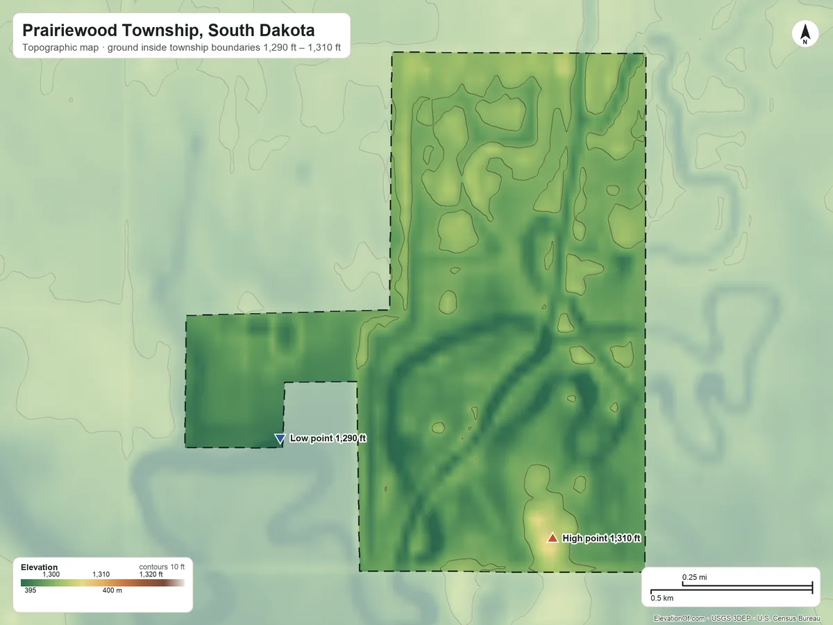 Topographic elevation map of Prairiewood Township, South Dakota, shaded from 1,290 ft on the southwest side to 1,310 ft on the south side