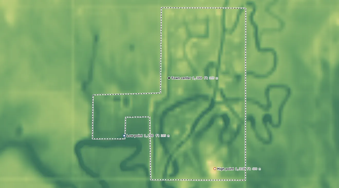 Topographic elevation map of Prairiewood Village, South Dakota, shaded from 1,290 ft on the southwest side to 1,310 ft on the southeast side