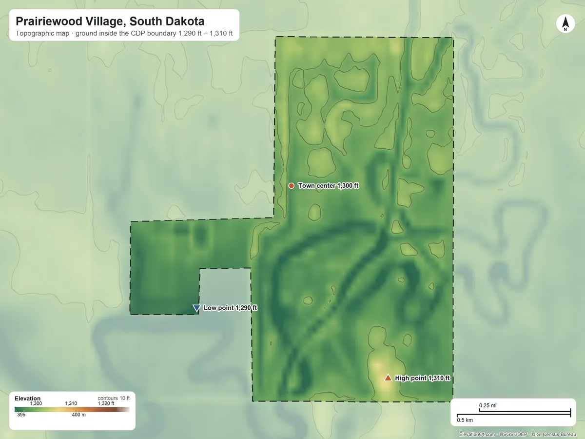 Topographic elevation map of Prairiewood Village, South Dakota, shaded from 1,290 ft on the southwest side to 1,310 ft on the southeast side