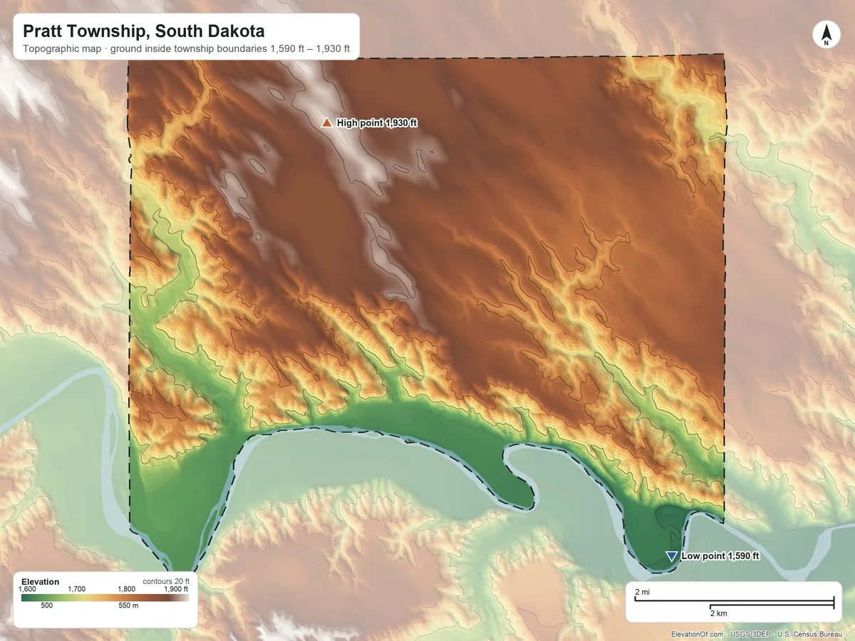 Topographic elevation map of Pratt Township, South Dakota, shaded from 1,590 ft on the southeast side to 1,930 ft on the northwest side