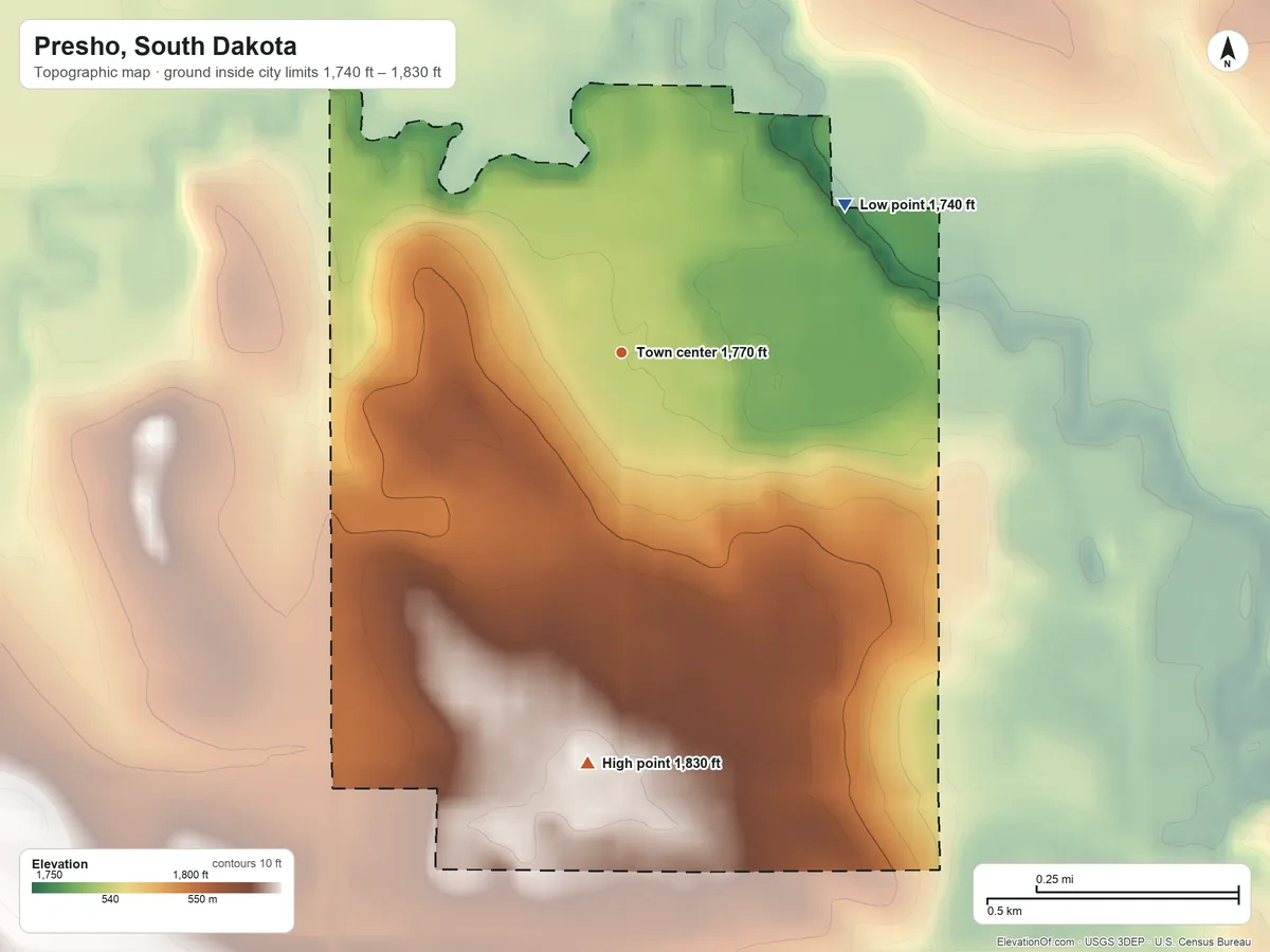 Topographic elevation map of Presho, South Dakota, shaded from 1,740 ft on the northeast side to 1,830 ft on the south side