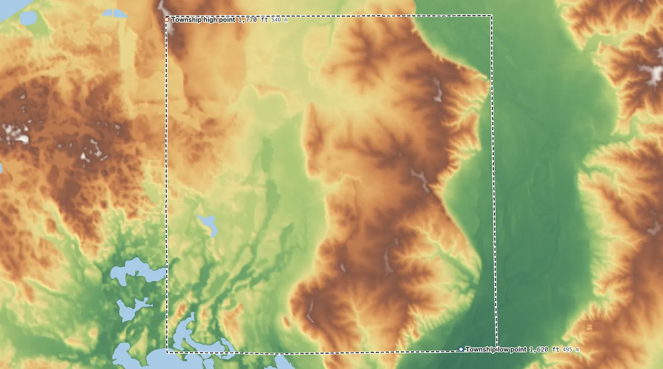 Topographic elevation map of Preston Township, South Dakota, shaded from 1,620 ft on the southeast side to 1,770 ft on the northwest side
