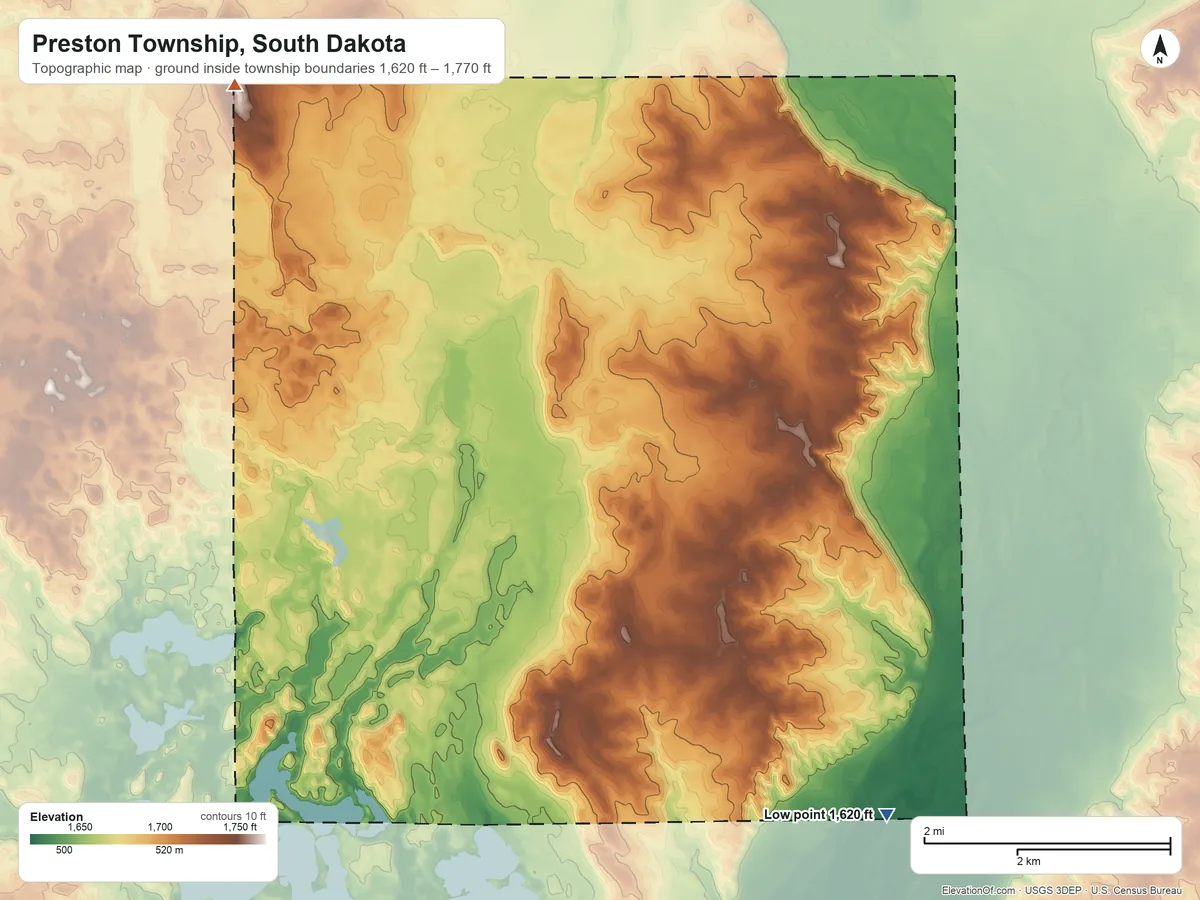 Topographic elevation map of Preston Township, South Dakota, shaded from 1,620 ft on the southeast side to 1,770 ft on the northwest side