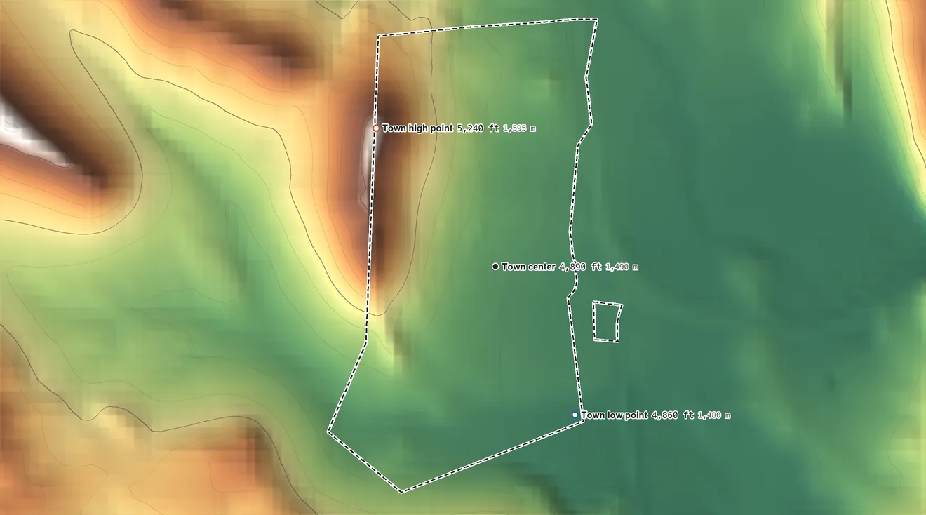 Topographic elevation map of Pringle, South Dakota, shaded from 4,860 ft on the southeast side to 5,240 ft on the northwest side