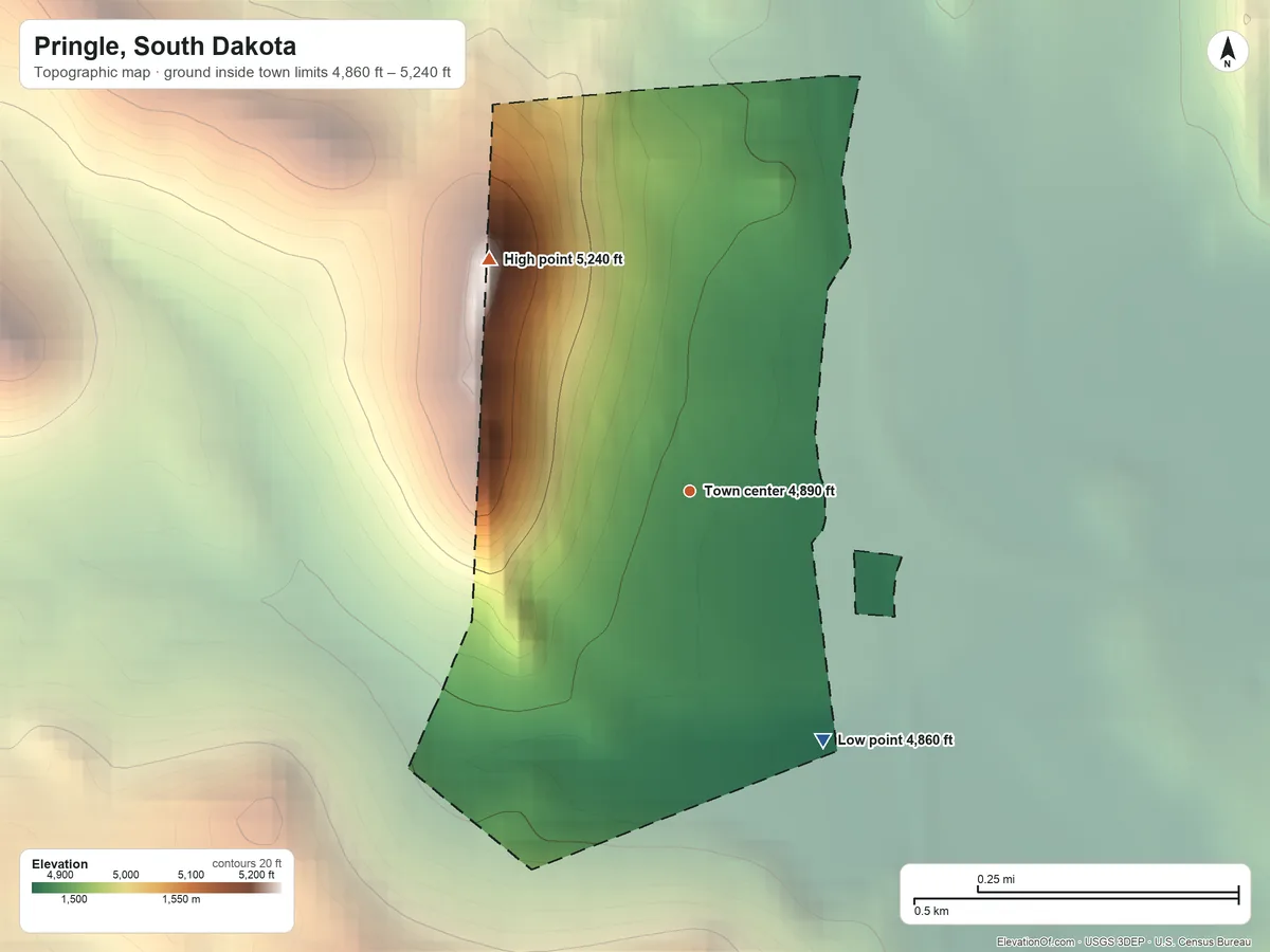 Topographic elevation map of Pringle, South Dakota, shaded from 4,860 ft on the southeast side to 5,240 ft on the northwest side