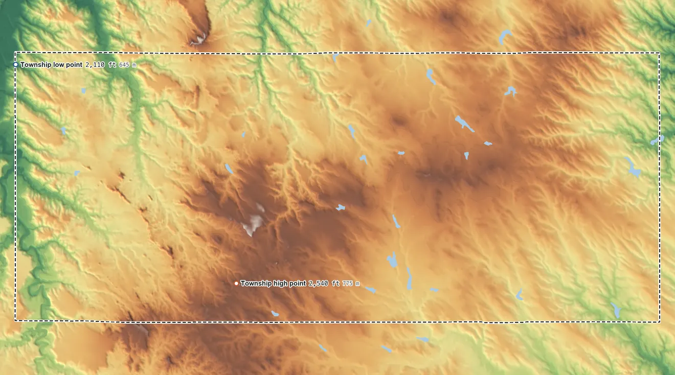Topographic elevation map of Prospect Township, South Dakota, shaded from 2,110 ft on the northwest side to 2,540 ft on the southwest side