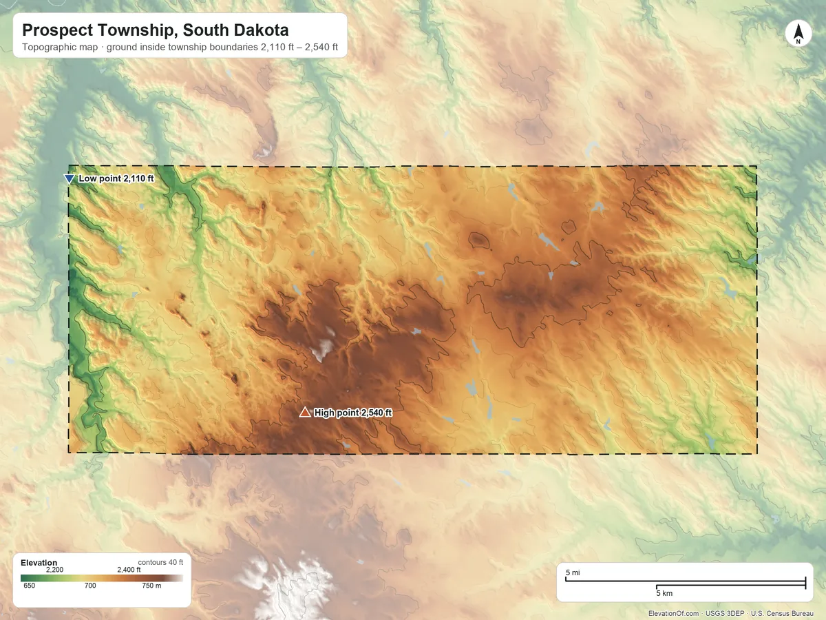 Topographic elevation map of Prospect Township, South Dakota, shaded from 2,110 ft on the northwest side to 2,540 ft on the southwest side
