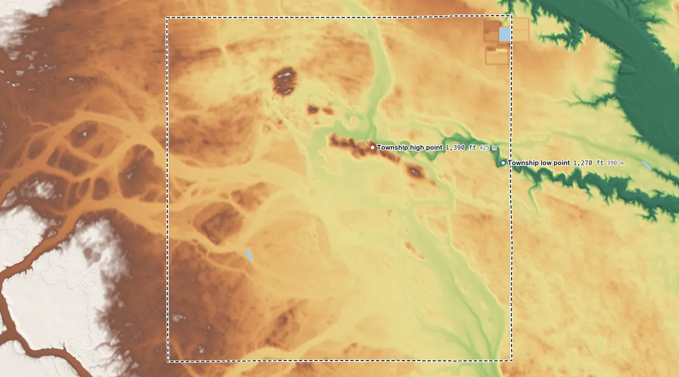 Topographic elevation map of Prosper Township, South Dakota, shaded from 1,270 ft on the east side to 1,390 ft near the middle