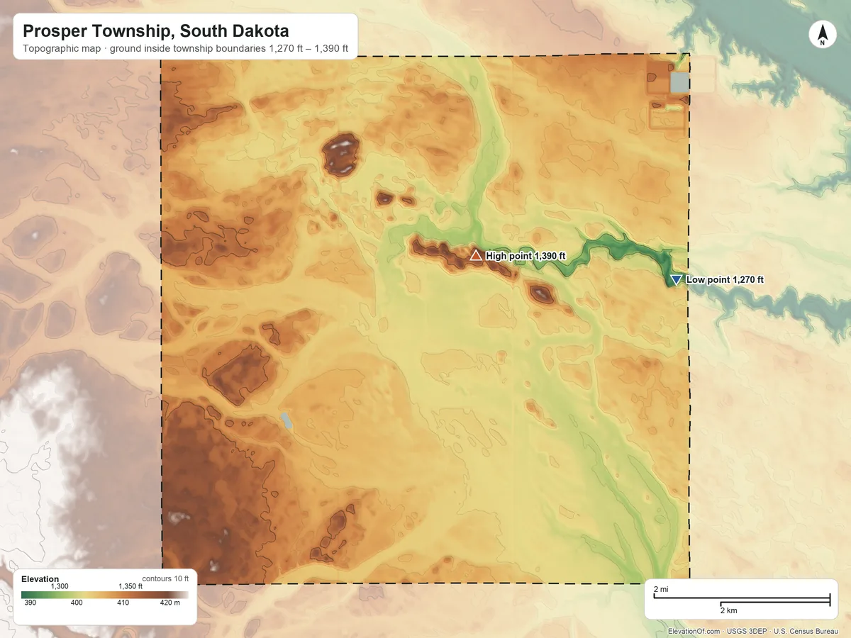 Topographic elevation map of Prosper Township, South Dakota, shaded from 1,270 ft on the east side to 1,390 ft near the middle