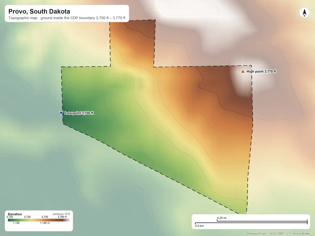 Topographic elevation map of Provo, South Dakota, shaded from 3,700 ft on the west side to 3,770 ft on the east side