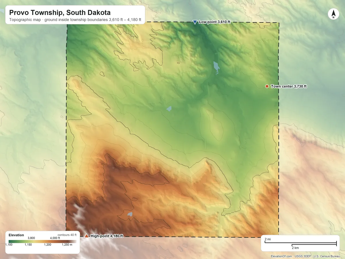 Topographic elevation map of Provo Township, South Dakota, shaded from 3,610 ft on the northwest side to 4,180 ft on the southwest side