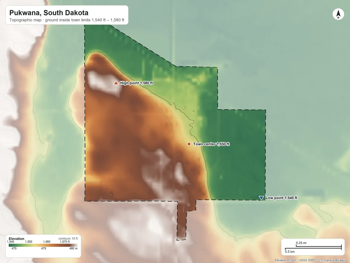 Topographic elevation map of Pukwana, South Dakota, shaded from 1,540 ft on the southeast side to 1,580 ft on the northwest side