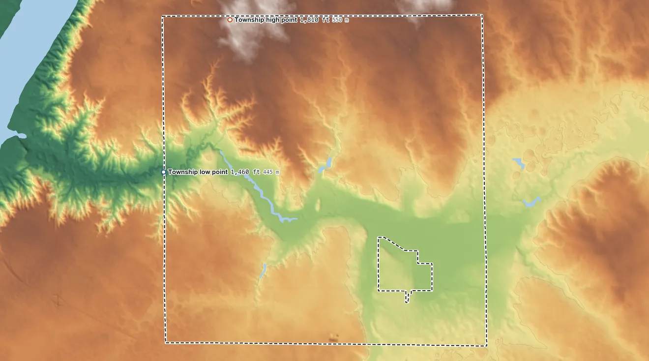 Topographic elevation map of Pukwana Township, South Dakota, shaded from 1,460 ft on the west side to 1,810 ft on the northwest side