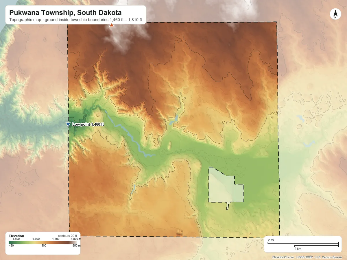 Topographic elevation map of Pukwana Township, South Dakota, shaded from 1,460 ft on the west side to 1,810 ft on the northwest side