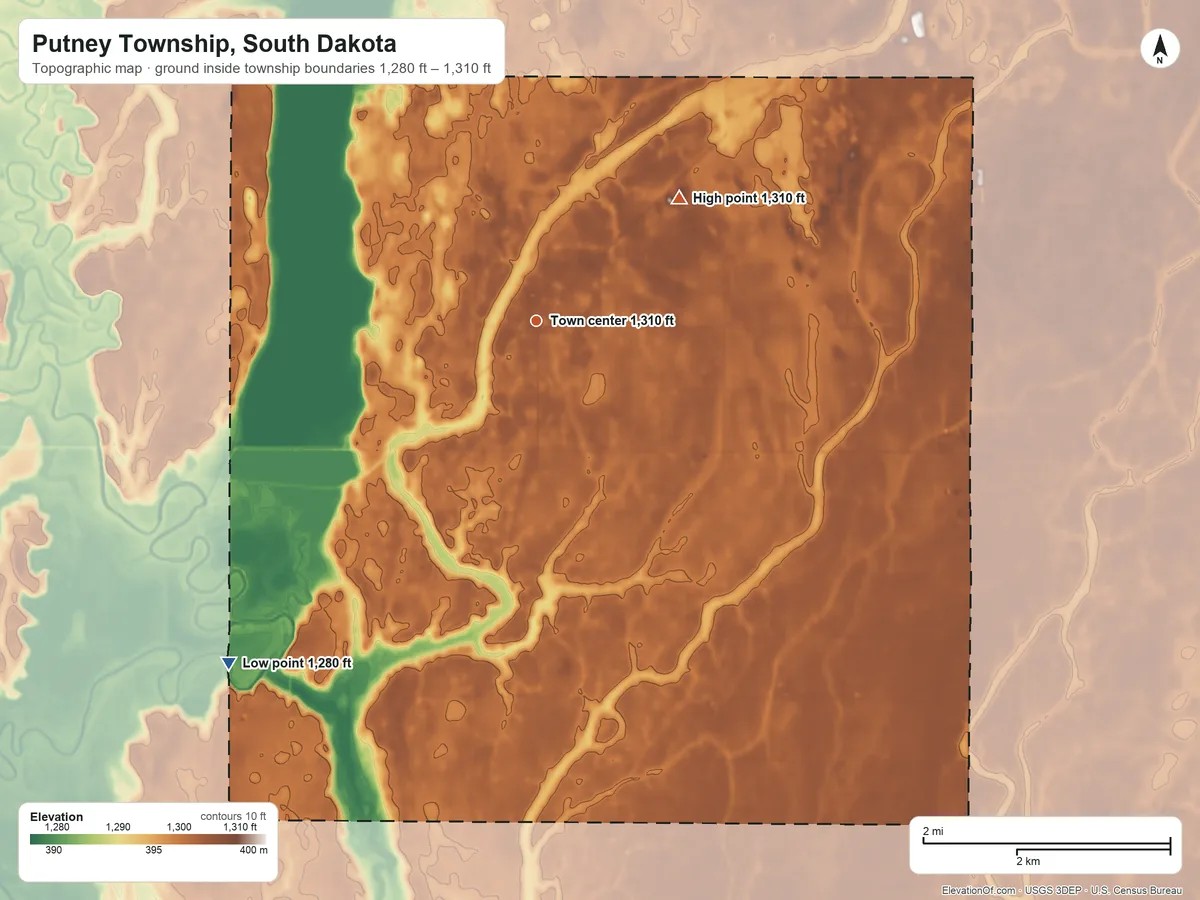 Topographic elevation map of Putney Township, South Dakota, shaded from 1,280 ft on the southwest side to 1,310 ft on the northeast side