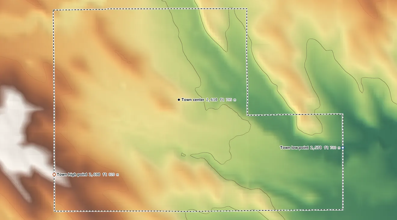 Topographic elevation map of Quinn, South Dakota, shaded from 2,570 ft on the east side to 2,690 ft on the southwest side