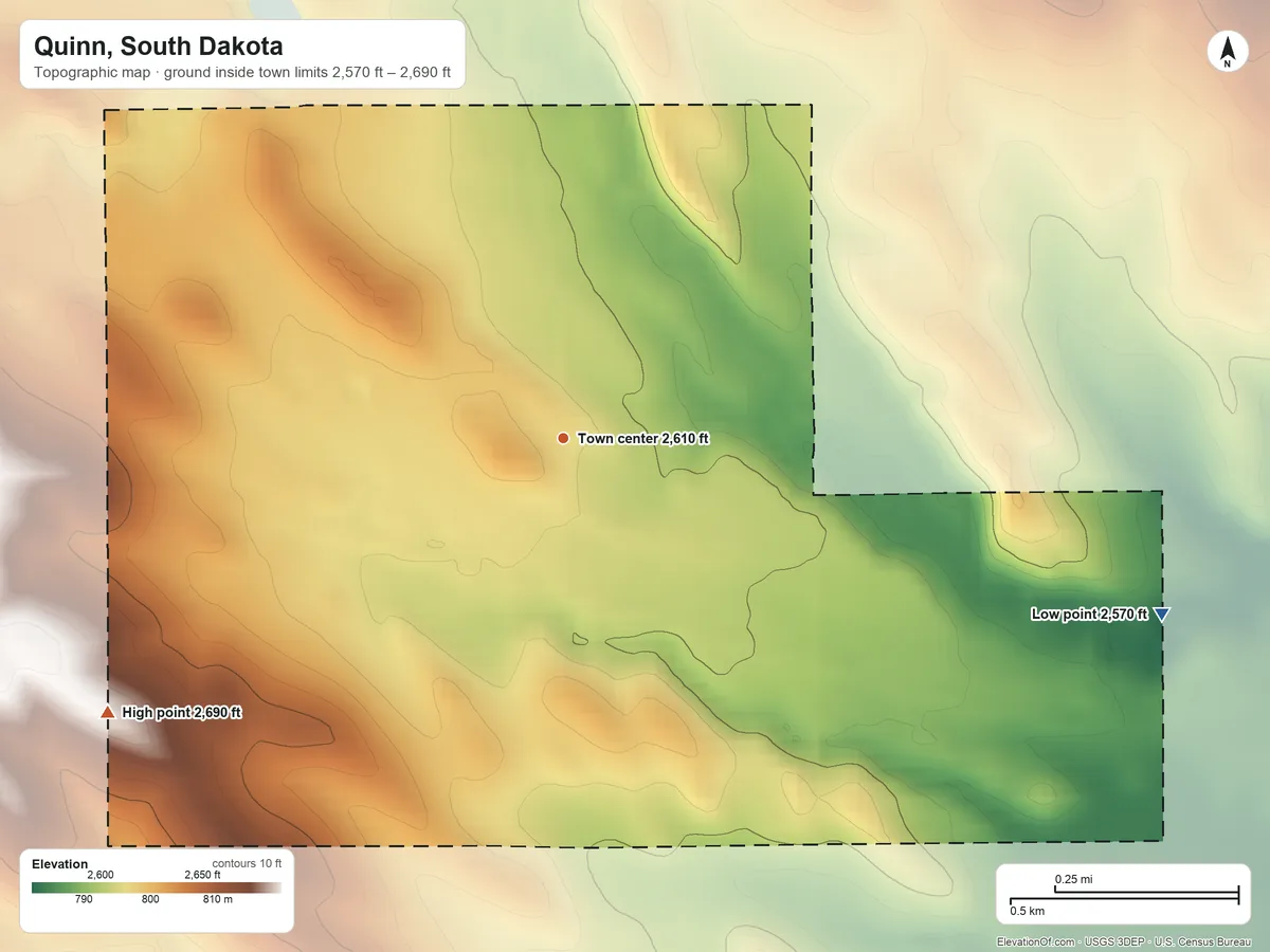 Topographic elevation map of Quinn, South Dakota, shaded from 2,570 ft on the east side to 2,690 ft on the southwest side