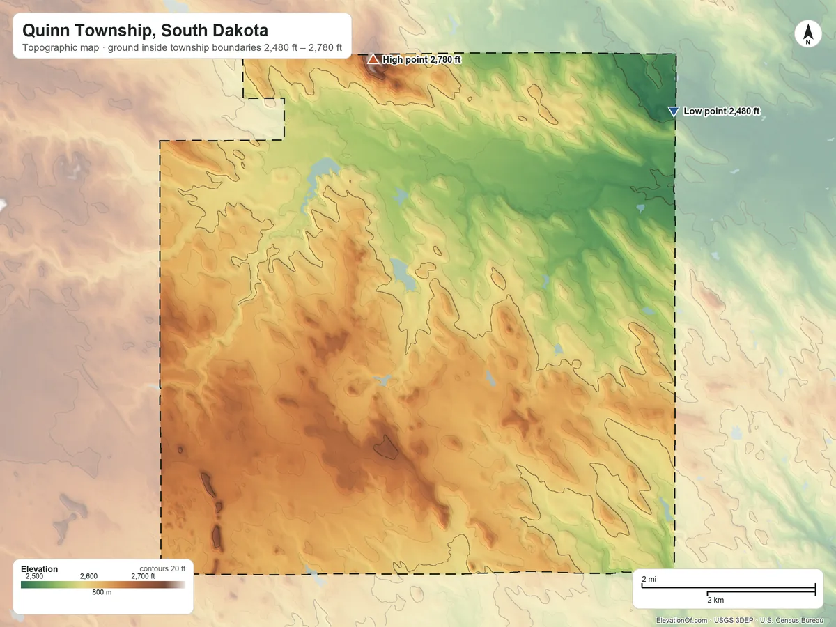 Topographic elevation map of Quinn Township, South Dakota, shaded from 2,480 ft on the northeast side to 2,780 ft on Quinn Butte