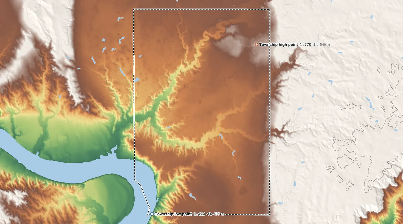 Topographic elevation map of Raber Township, South Dakota, shaded from 1,420 ft on the south side to 1,770 ft on the east side