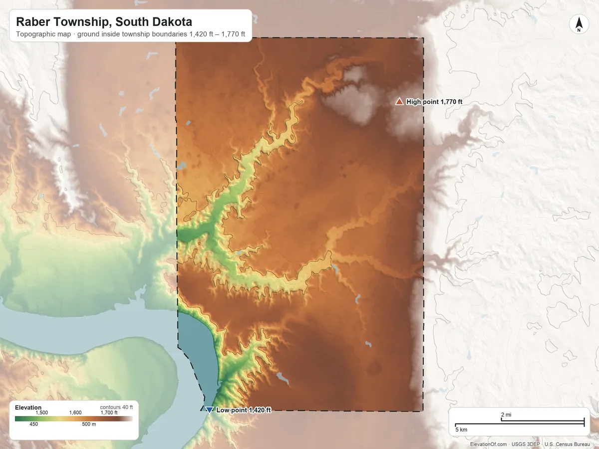 Topographic elevation map of Raber Township, South Dakota, shaded from 1,420 ft on the south side to 1,770 ft on the east side