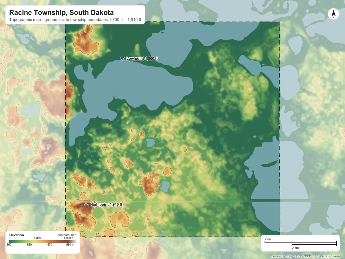 Topographic elevation map of Racine Township, South Dakota, shaded from 1,800 ft on the north side to 1,910 ft on the southwest side
