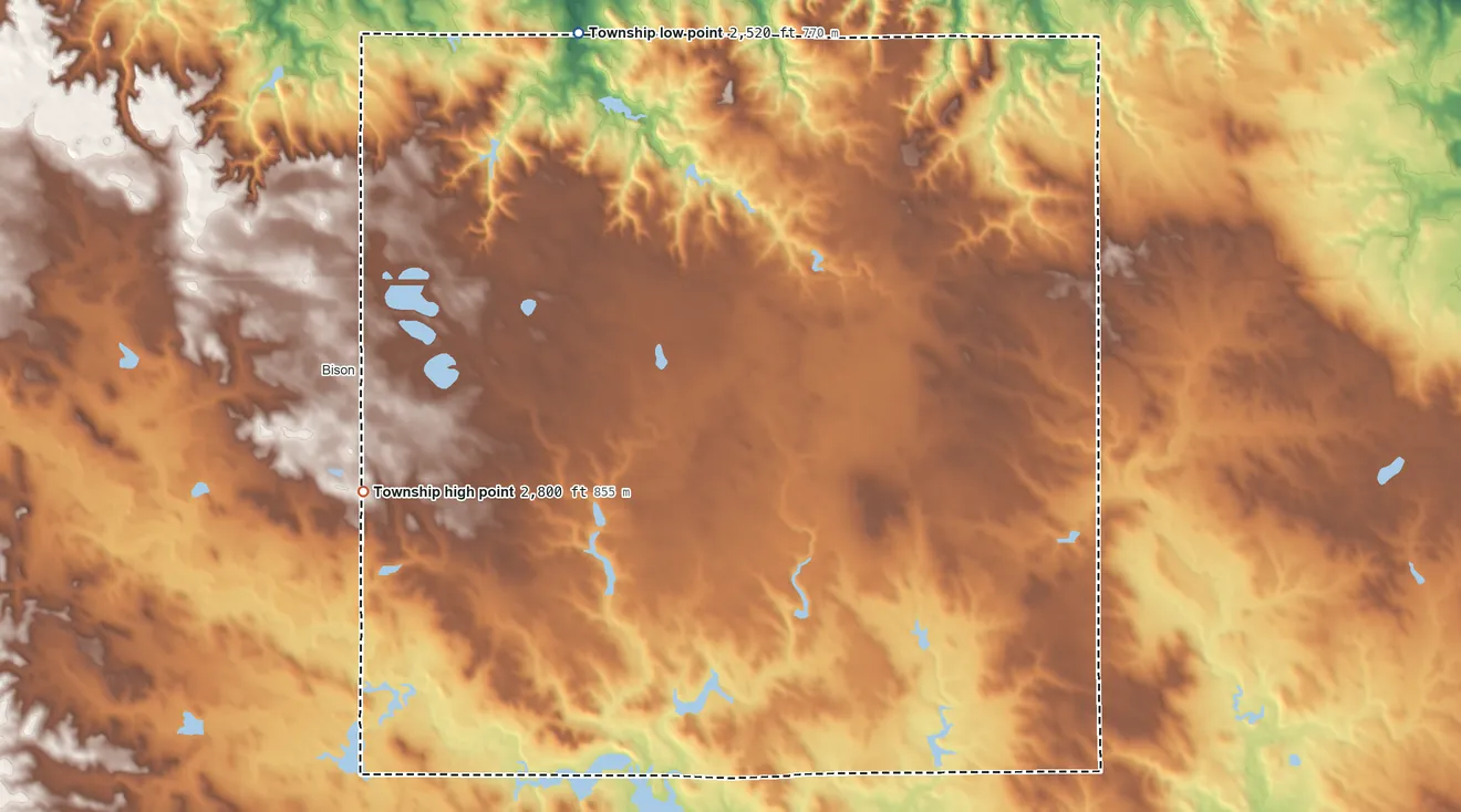 Topographic elevation map of Rainbow Township, South Dakota, shaded from 2,520 ft on the northeast side to 2,800 ft on the southwest side