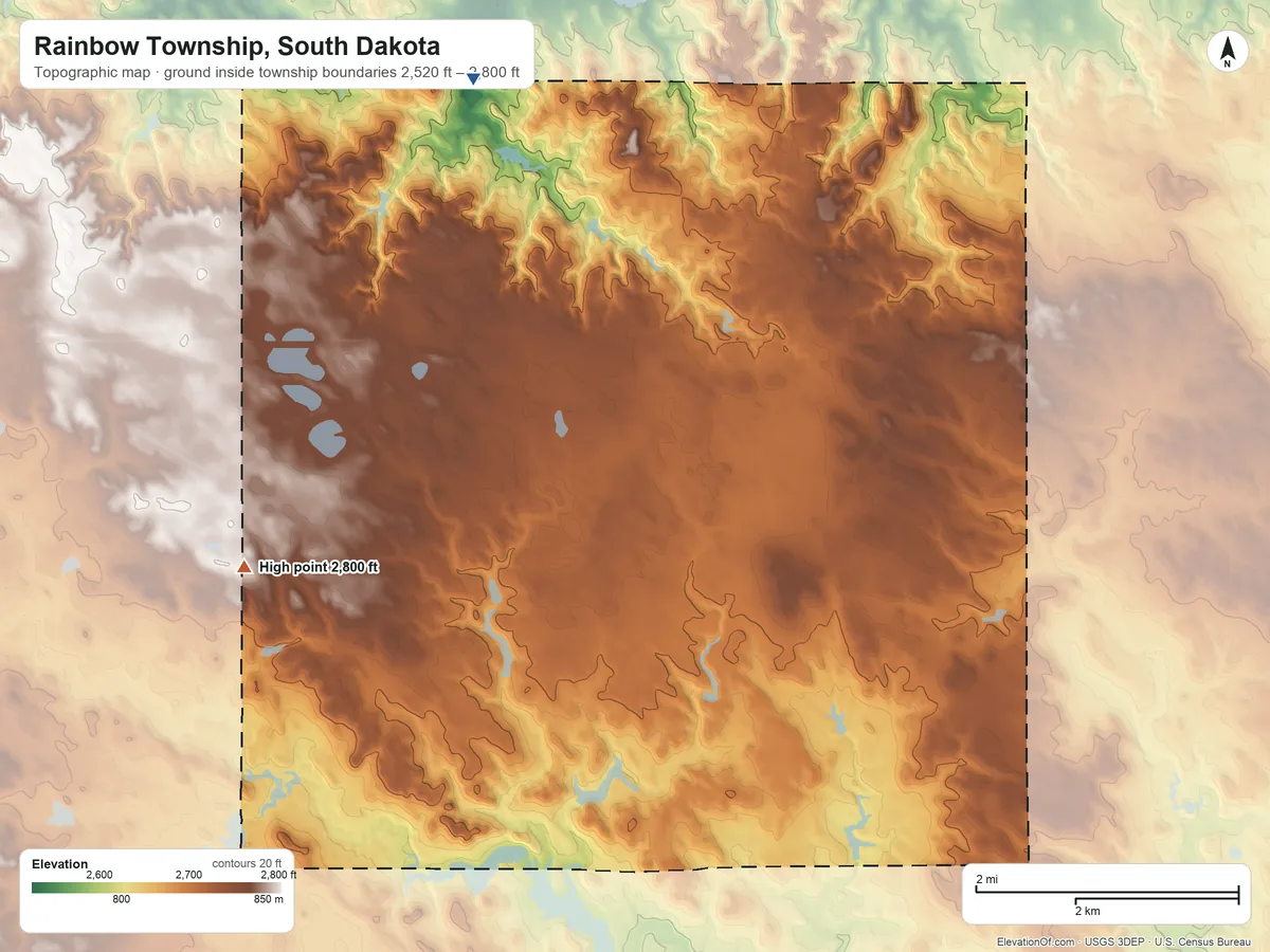 Topographic elevation map of Rainbow Township, South Dakota, shaded from 2,520 ft on the northeast side to 2,800 ft on the southwest side
