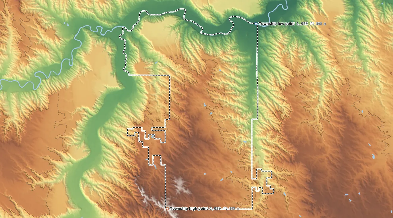 Topographic elevation map of Rainy Creek/Cheyenne Township, South Dakota, shaded from 1,950 ft on the north side to 2,930 ft on the southwest side