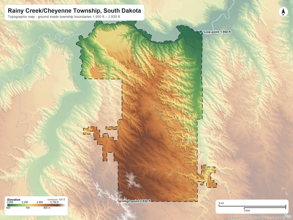 Topographic elevation map of Rainy Creek/Cheyenne Township, South Dakota, shaded from 1,950 ft on the north side to 2,930 ft on the southwest side