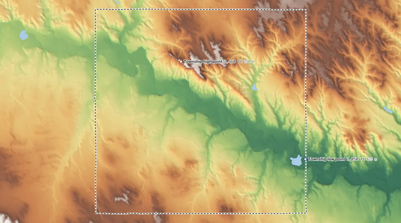 Topographic elevation map of Rames Township, South Dakota, shaded from 2,050 ft on the southeast side to 2,460 ft on Turtle Butte