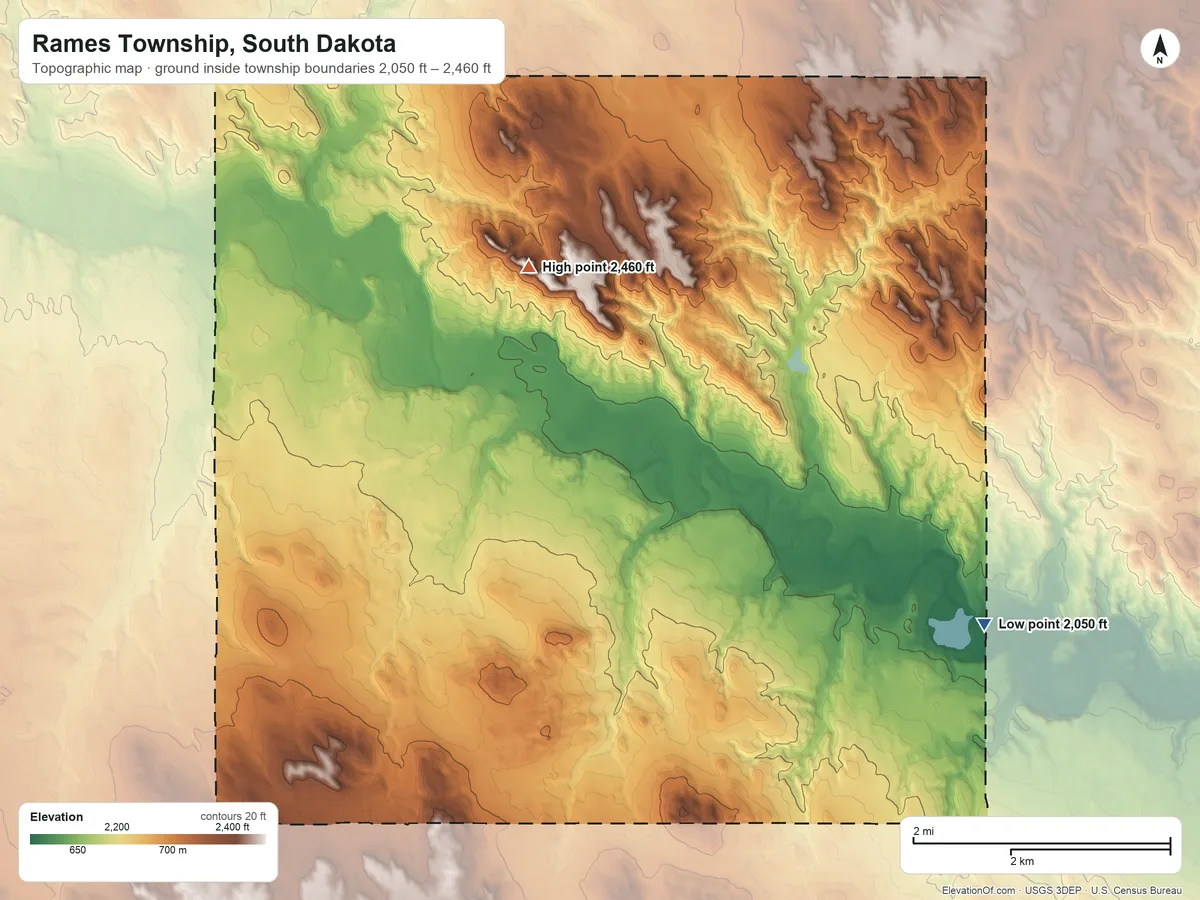 Topographic elevation map of Rames Township, South Dakota, shaded from 2,050 ft on the southeast side to 2,460 ft on Turtle Butte