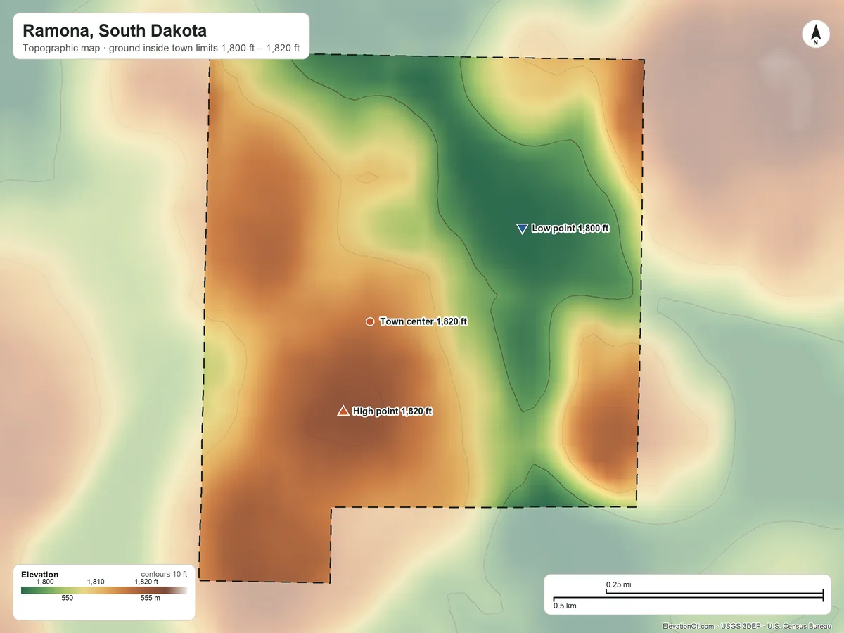 Topographic elevation map of Ramona, South Dakota, shaded from 1,800 ft on the northeast side to 1,820 ft on the south side