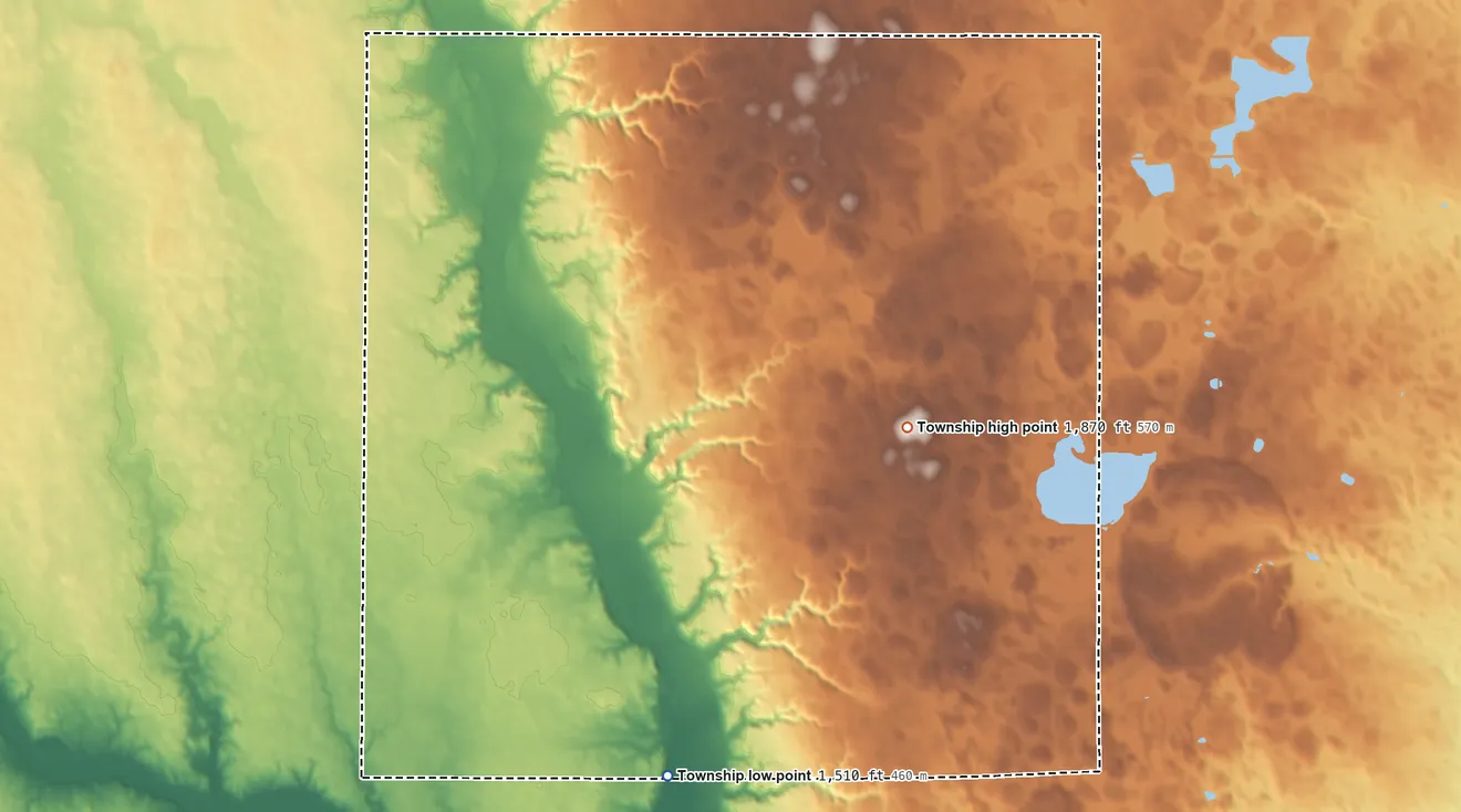 Topographic elevation map of Ramsey Township, South Dakota, shaded from 1,510 ft on the southwest side to 1,870 ft near the middle