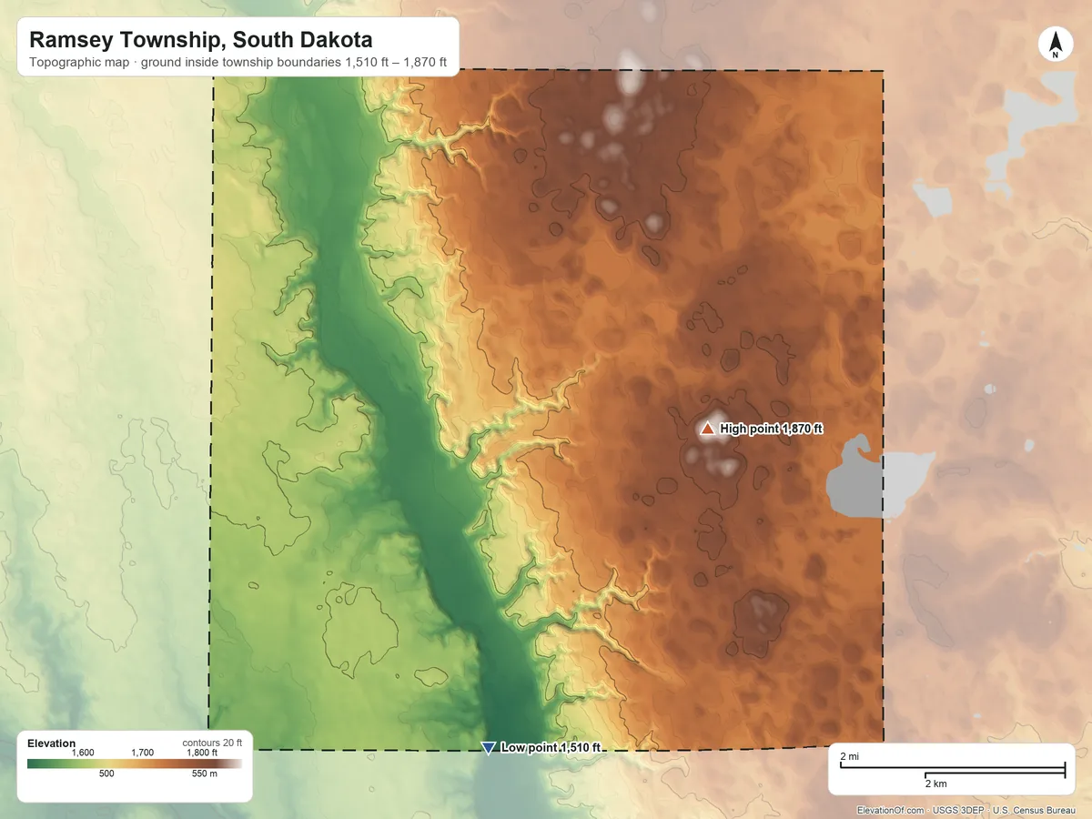 Topographic elevation map of Ramsey Township, South Dakota, shaded from 1,510 ft on the southwest side to 1,870 ft near the middle