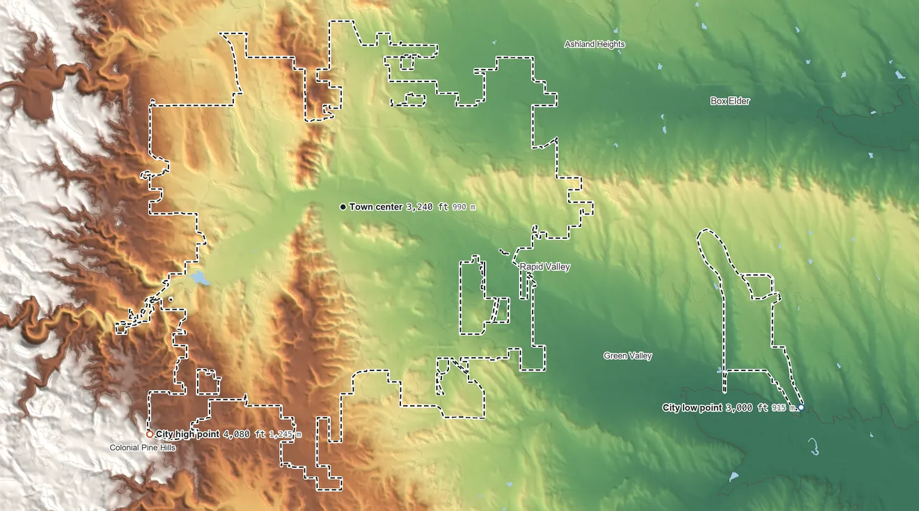 Topographic elevation map of Rapid City, South Dakota, shaded from 3,000 ft on the southeast side to 4,080 ft at the foot of the Bald Hills