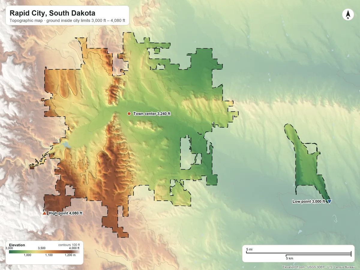 Topographic elevation map of Rapid City, South Dakota, shaded from 3,000 ft on the southeast side to 4,080 ft at the foot of the Bald Hills