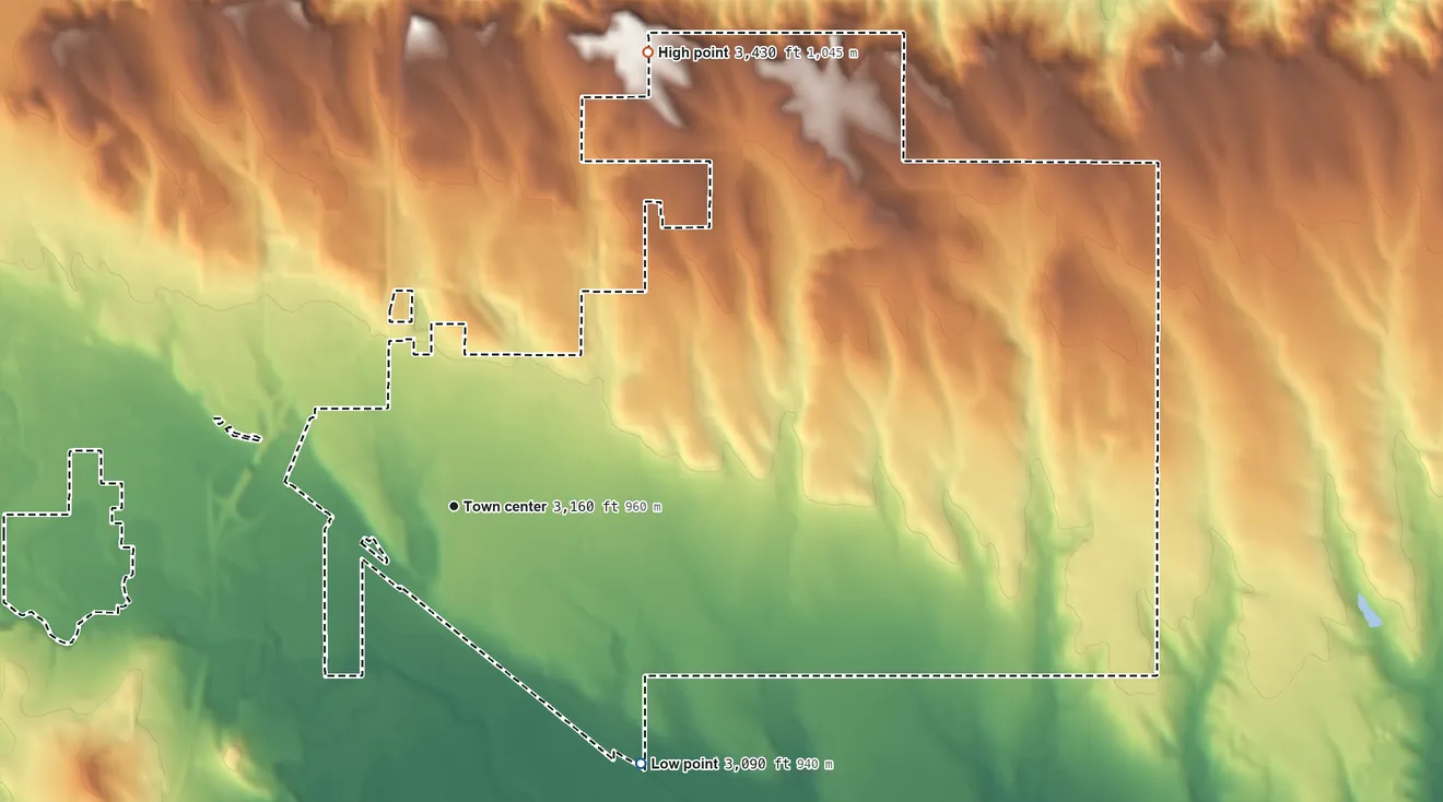 Topographic elevation map of Rapid Valley, South Dakota, shaded from 3,090 ft on the southeast side to 3,430 ft on the northeast side