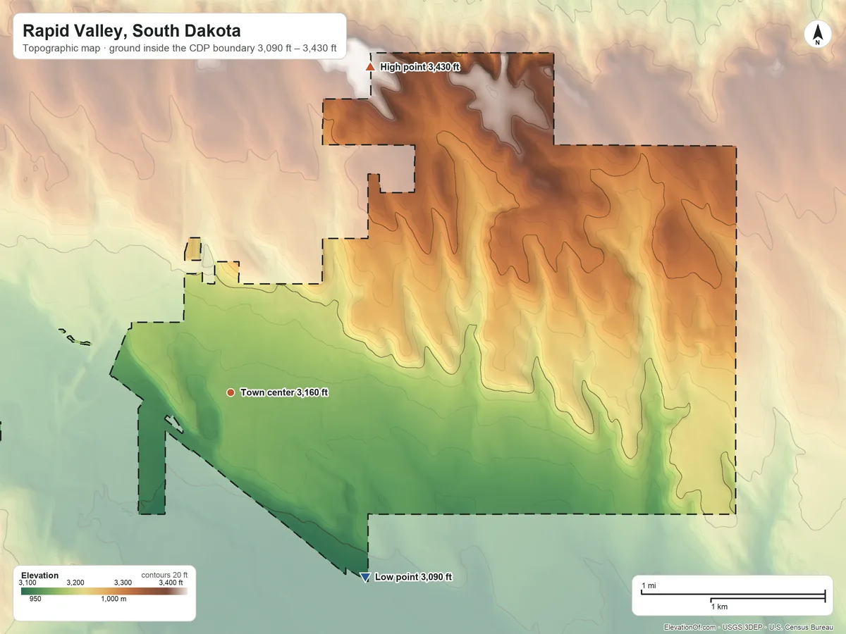 Topographic elevation map of Rapid Valley, South Dakota, shaded from 3,090 ft on the southeast side to 3,430 ft on the northeast side